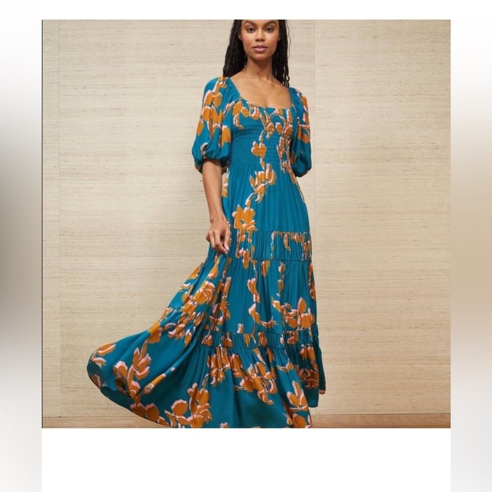 La Ligne Pyper Dress, Silk XL, Teal and Orange Floral Maxi Dress